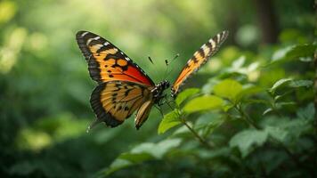 Nature background with a beautiful flying butterfly with green forest AI Generative photo