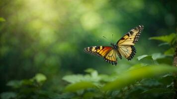 Nature background with a beautiful flying butterfly with green forest AI Generative photo