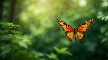 Nature background with a beautiful flying butterfly with green forest AI Generative photo