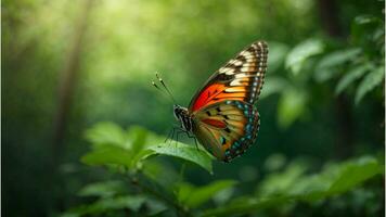 Nature background with a beautiful flying butterfly with green forest AI Generative photo