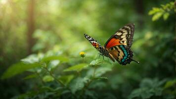 Nature background with a beautiful flying butterfly with green forest AI Generative photo