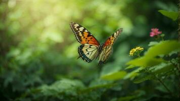 Nature background with a beautiful flying butterfly with green forest AI Generative photo