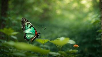 Nature background with a beautiful flying butterfly with green forest AI Generative photo