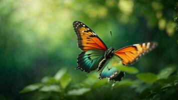 Nature background with a beautiful flying butterfly with green forest AI Generative photo