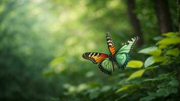 Nature background with a beautiful flying butterfly with green forest AI Generative photo