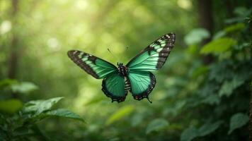 Nature background with a beautiful flying butterfly with green forest AI Generative photo