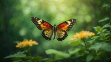 Nature background with a beautiful flying butterfly with green forest AI Generative photo