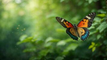 Nature background with a beautiful flying butterfly with green forest AI Generative photo