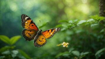 Nature background with a beautiful flying butterfly with green forest AI Generative photo