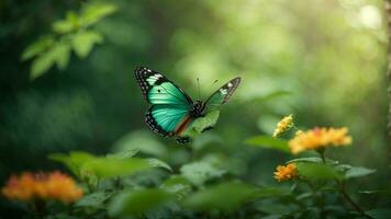 Nature background with a beautiful flying butterfly with green forest AI Generative photo