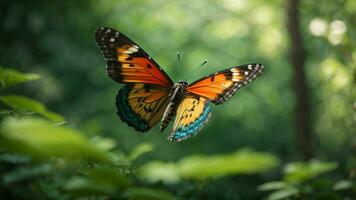 Nature background with a beautiful flying butterfly with green forest AI Generative photo