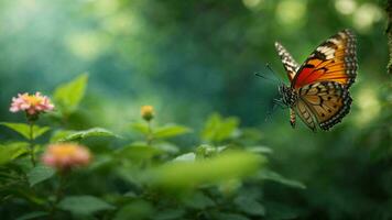 Nature background with a beautiful flying butterfly with green forest AI Generative photo