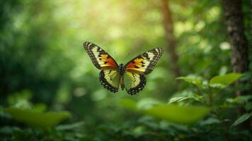 Nature background with a beautiful flying butterfly with green forest AI Generative photo