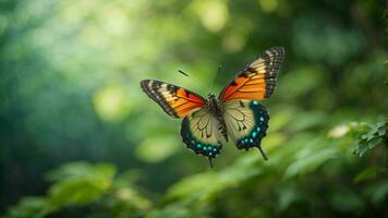 Nature background with a beautiful flying butterfly with green forest AI Generative photo