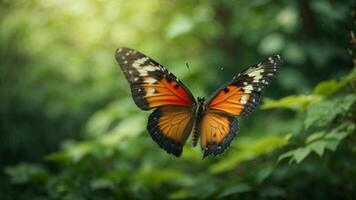 Nature background with a beautiful flying butterfly with green forest AI Generative photo