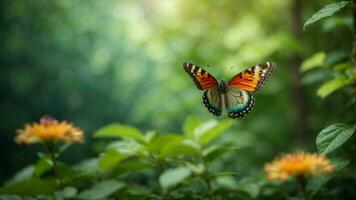 naturaleza antecedentes con un hermosa volador mariposa con verde bosque ai generativo foto