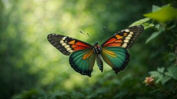 Nature background with a beautiful flying butterfly with green forest AI Generative photo