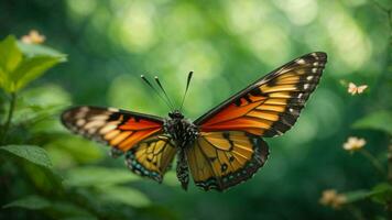 Nature background with a beautiful flying butterfly with green forest AI Generative photo