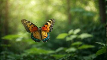 Nature background with a beautiful flying butterfly with green forest AI Generative photo