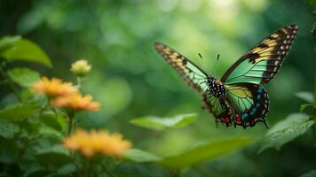 Nature background with a beautiful flying butterfly with green forest AI Generative photo