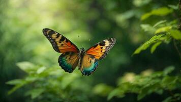 Nature background with a beautiful flying butterfly with green forest AI Generative photo