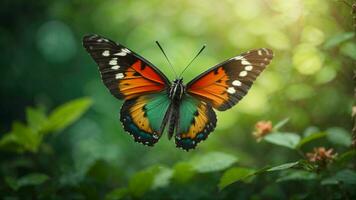 naturaleza antecedentes con un hermosa volador mariposa con verde bosque ai generativo foto