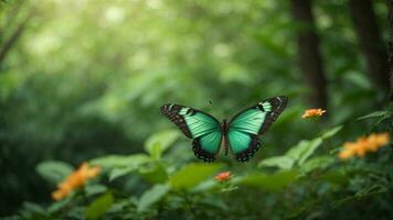 Nature background with a beautiful flying butterfly with green forest AI Generative photo