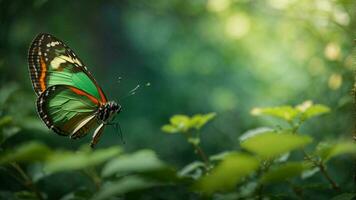 Nature background with a beautiful flying butterfly with green forest AI Generative photo