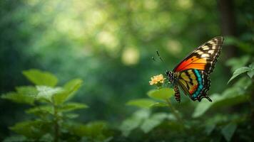 Nature background with a beautiful flying butterfly with green forest AI Generative photo