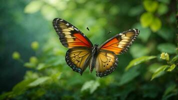 Nature background with a beautiful flying butterfly with green forest AI Generative photo