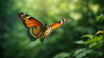 Nature background with a beautiful flying butterfly with green forest AI Generative photo