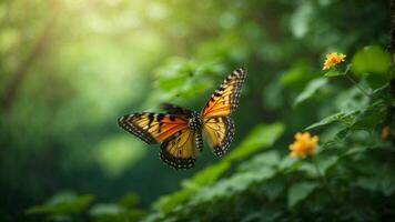 Nature background with a beautiful flying butterfly with green forest AI Generative photo