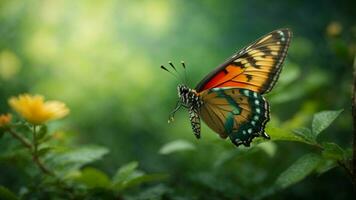 naturaleza antecedentes con un hermosa volador mariposa con verde bosque ai generativo foto