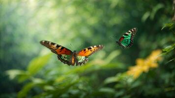 Nature background with a beautiful flying butterfly with green forest AI Generative photo