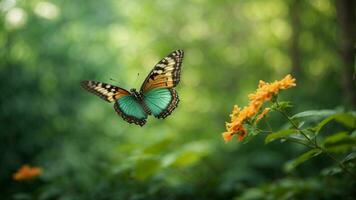 Nature background with a beautiful flying butterfly with green forest AI Generative photo