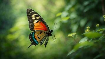 Nature background with a beautiful flying butterfly with green forest AI Generative photo