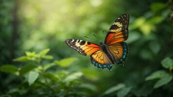 Nature background with a beautiful flying butterfly with green forest AI Generative photo