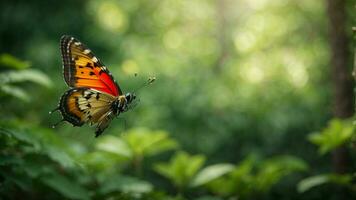 Nature background with a beautiful flying butterfly with green forest AI Generative photo