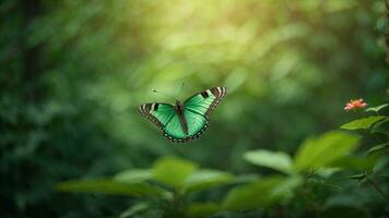 Nature background with a beautiful flying butterfly with green forest AI Generative photo