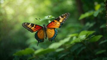 Nature background with a beautiful flying butterfly with green forest AI Generative photo