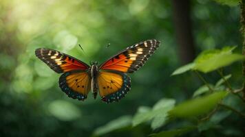 Nature background with a beautiful flying butterfly with green forest AI Generative photo