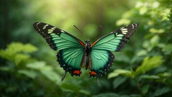 Nature background with a beautiful flying butterfly with green forest AI Generative photo