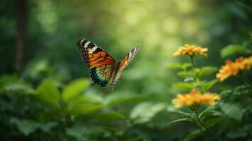 naturaleza antecedentes con un hermosa volador mariposa con verde bosque ai generativo foto