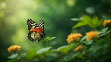 Nature background with a beautiful flying butterfly with green forest AI Generative photo