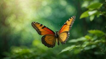 Nature background with a beautiful flying butterfly with green forest AI Generative photo