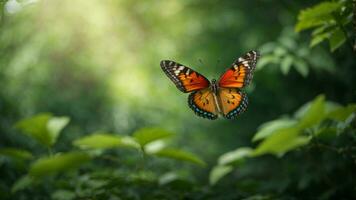 Nature background with a beautiful flying butterfly with green forest AI Generative photo