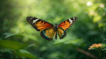 Nature background with a beautiful flying butterfly with green forest AI Generative photo