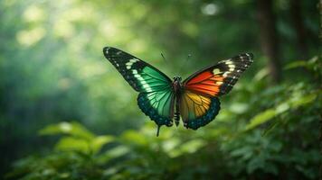 Nature background with a beautiful flying butterfly with green forest AI Generative photo