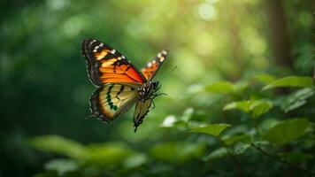 naturaleza antecedentes con un hermosa volador mariposa con verde bosque ai generativo foto