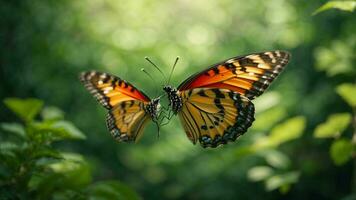 Nature background with a beautiful flying butterfly with green forest AI Generative photo